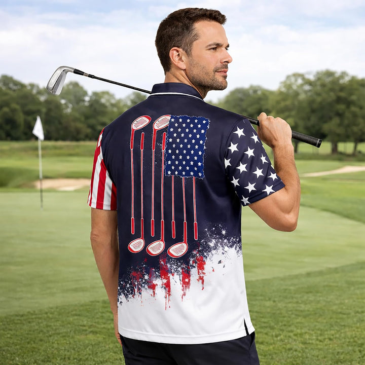 Patriotic Golf Polo Shirt Custom Name USA Flag Golf Club Graphic Performance Golf Shirt Men