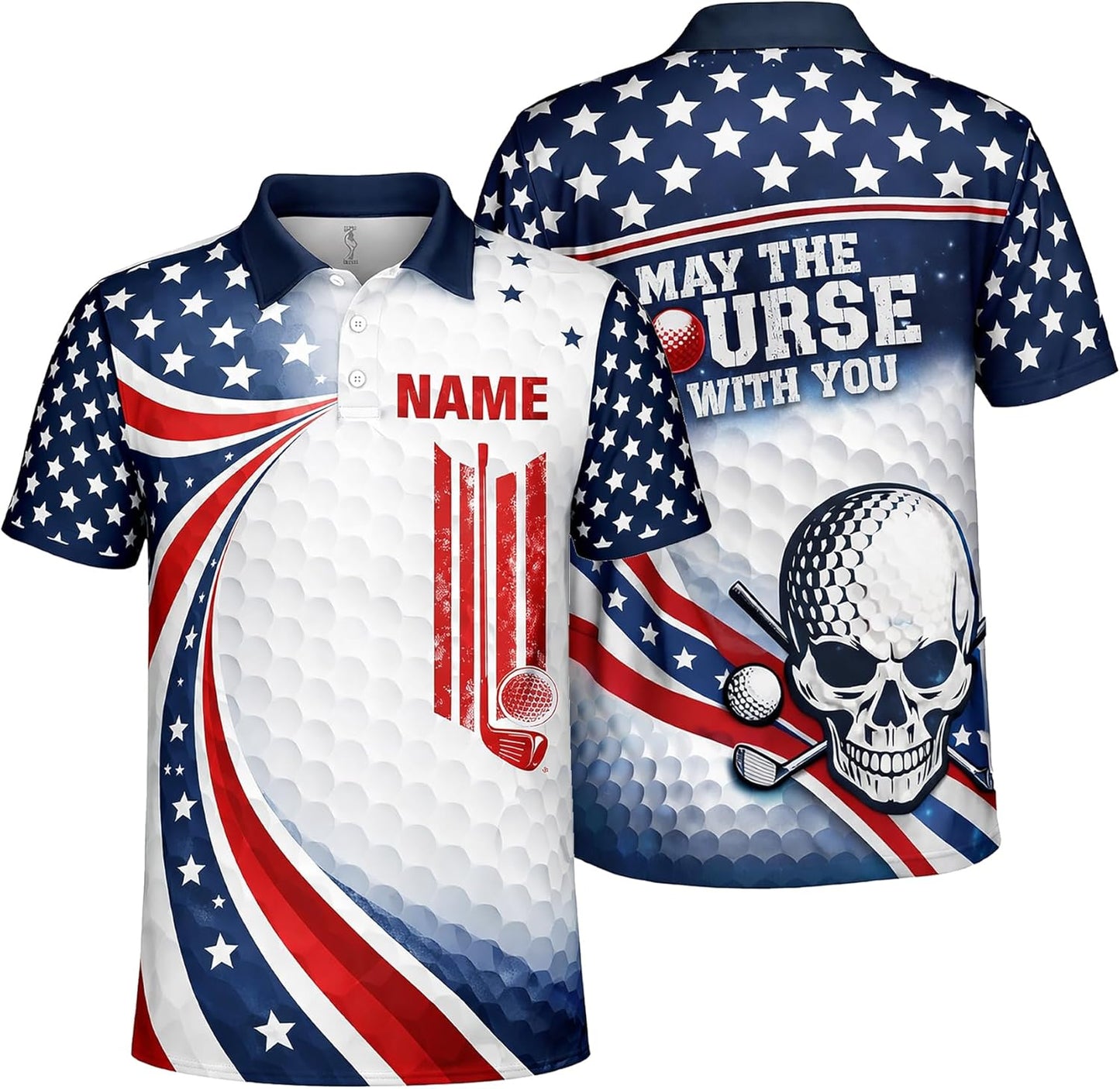 Patriotic Golf Polo Shirt Custom Name USA Flag Stars Stripes Funny May The Course Be with You Golf Shirt
