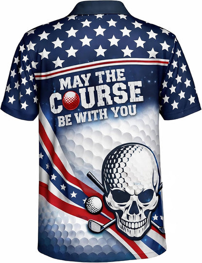 Patriotic Golf Polo Shirt Custom Name USA Flag Stars Stripes Funny May The Course Be with You Golf Shirt