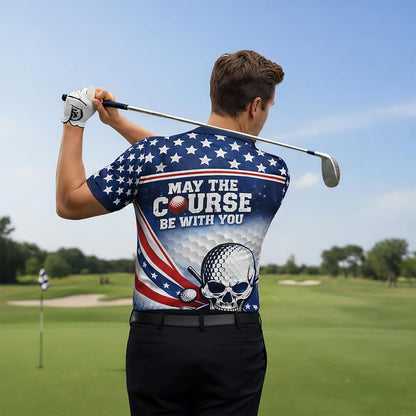 Patriotic Golf Polo Shirt Custom Name USA Flag Stars Stripes Funny May The Course Be with You Golf Shirt