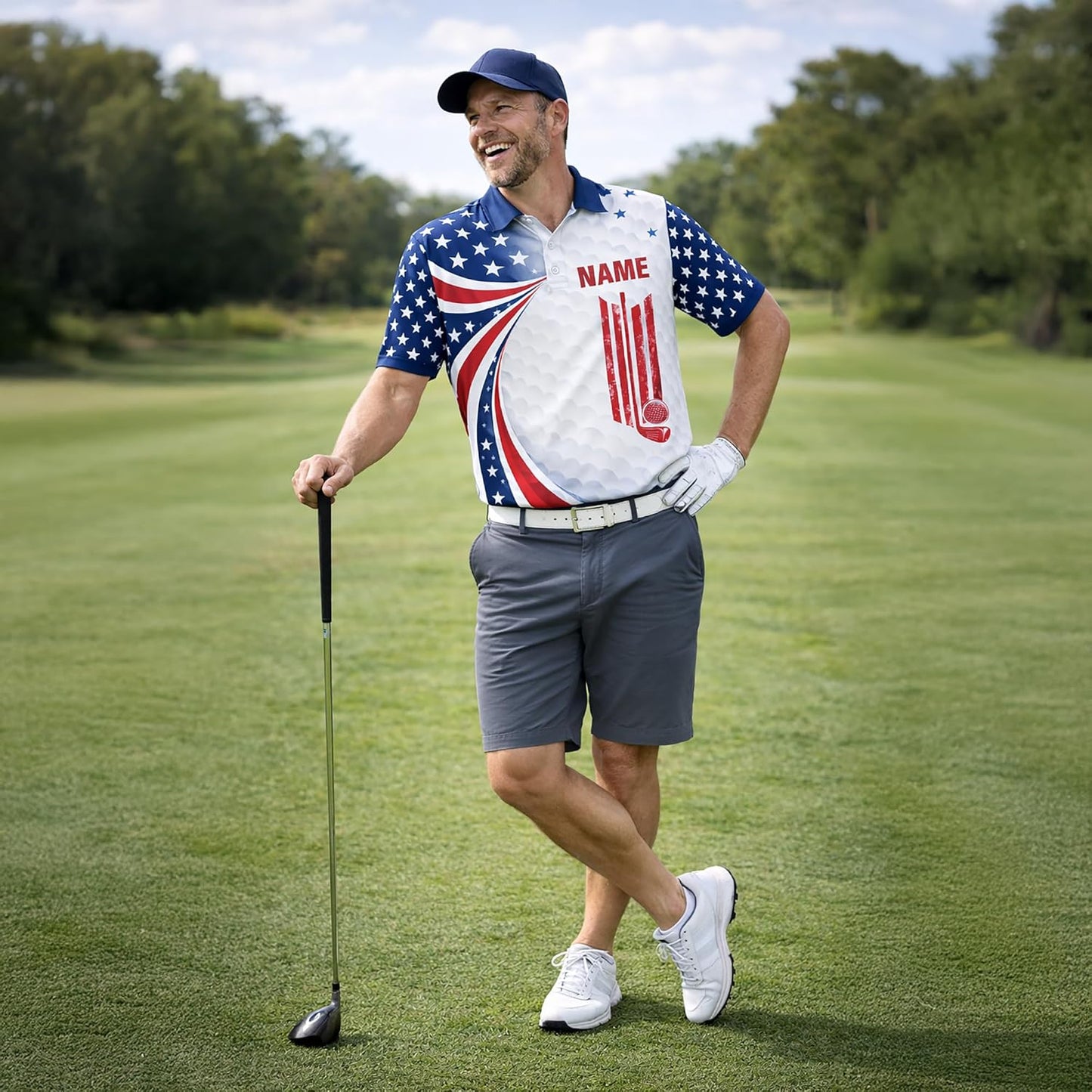 Patriotic Golf Polo Shirt Custom Name USA Flag Stars Stripes Funny May The Course Be with You Golf Shirt
