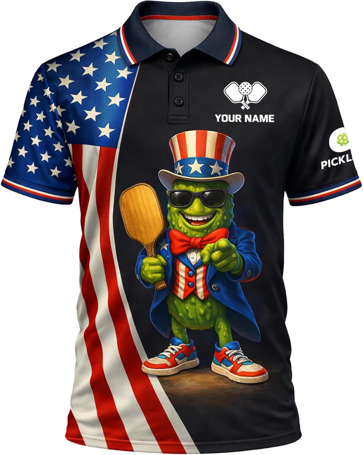 Patriotic Pickleball Polo Shirt Custom Name USA Flag Funny Pickle Character Performance Golf Style Shirt