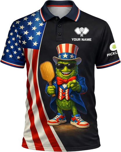 Patriotic Pickleball Polo Shirt Custom Name USA Flag Funny Pickle Character Performance Golf Style Shirt