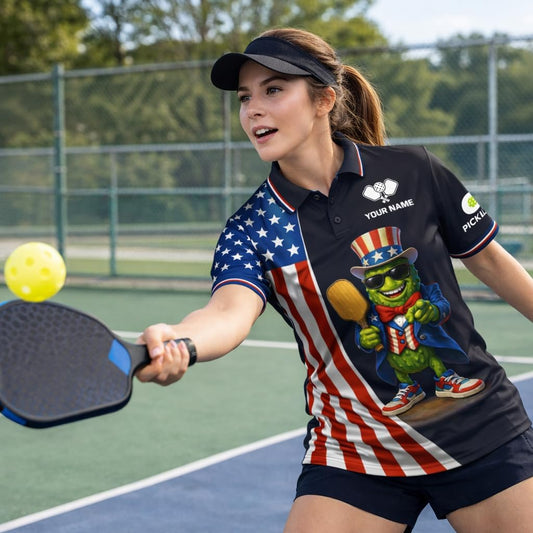 Patriotic Pickleball Polo Shirt Custom Name USA Flag Funny Pickle Character Performance Golf Style Shirt