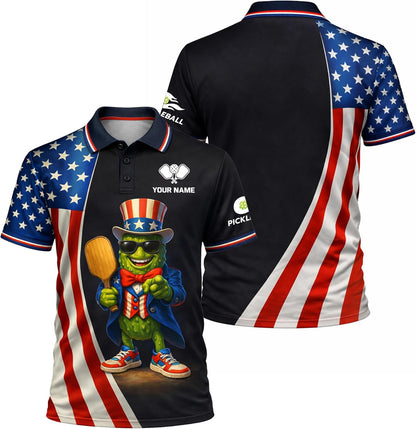 Patriotic Pickleball Polo Shirt Custom Name USA Flag Funny Pickle Character Performance Golf Style Shirt