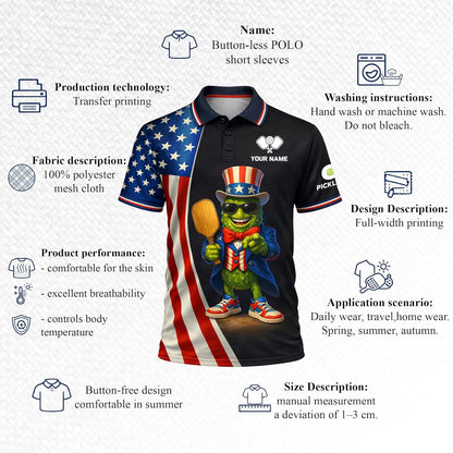 Patriotic Pickleball Polo Shirt Custom Name USA Flag Funny Pickle Character Performance Golf Style Shirt