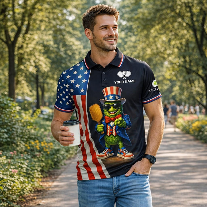 Patriotic Pickleball Polo Shirt Custom Name USA Flag Funny Pickle Character Performance Golf Style Shirt