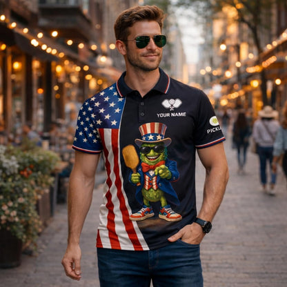 Patriotic Pickleball Polo Shirt Custom Name USA Flag Funny Pickle Character Performance Golf Style Shirt