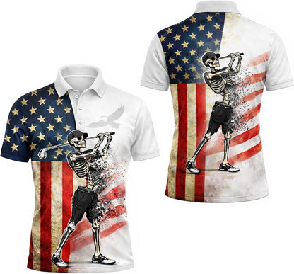 Patriotic Skeleton Golfer Polo Shirt USA Flag Golf Performance Polo Shirt American Golf Shirt
