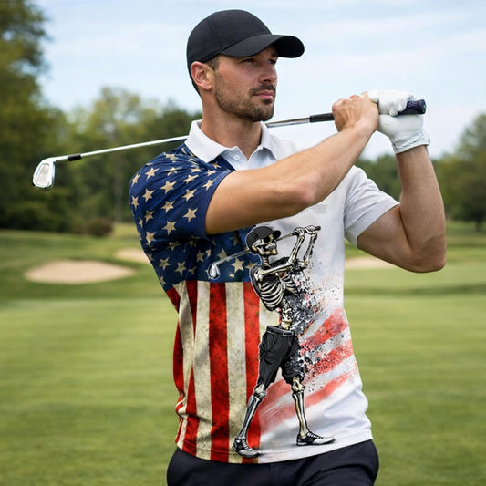 Patriotic Skeleton Golfer Polo Shirt USA Flag Golf Performance Polo Shirt American Golf Shirt