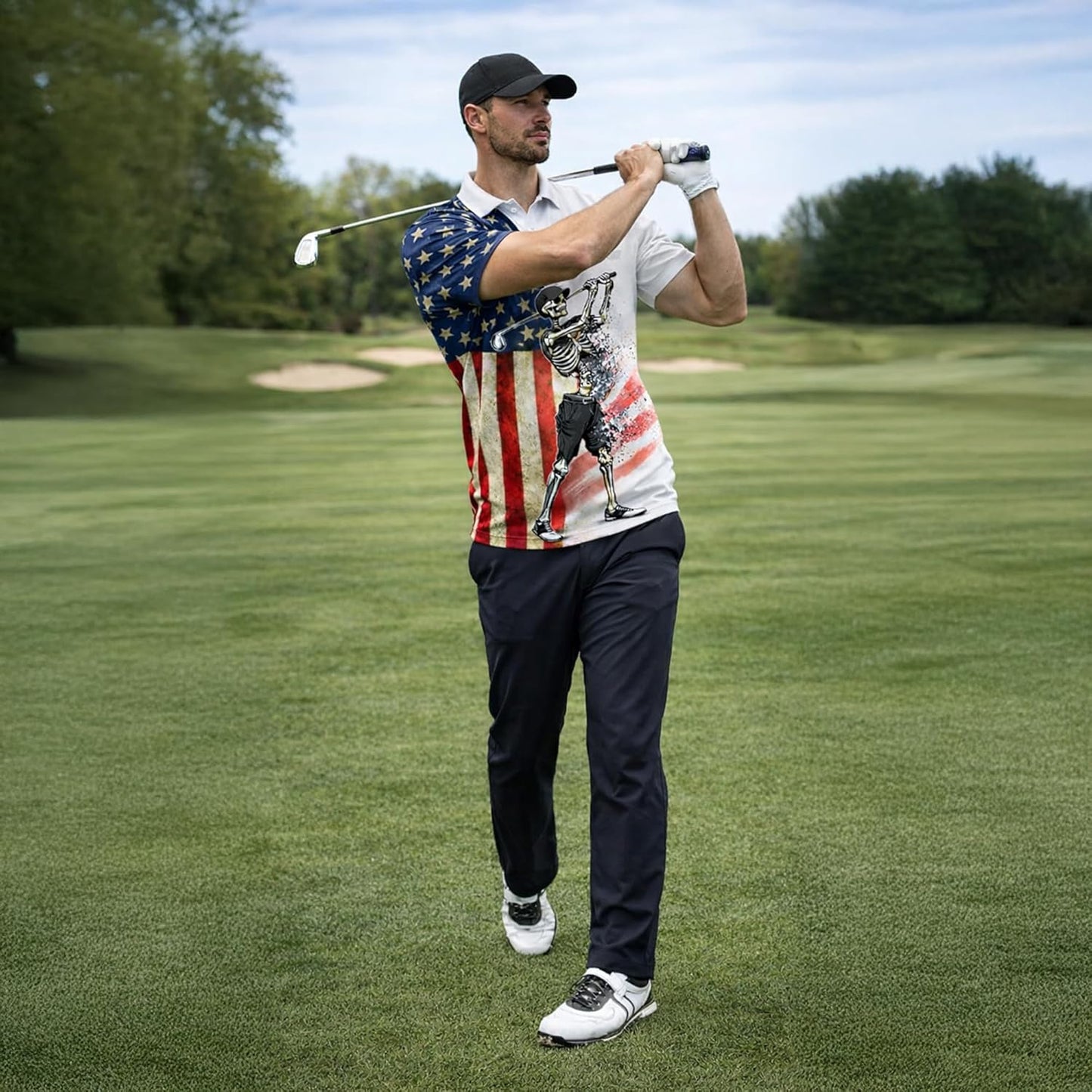 Patriotic Skeleton Golfer Polo Shirt USA Flag Golf Performance Polo Shirt American Golf Shirt