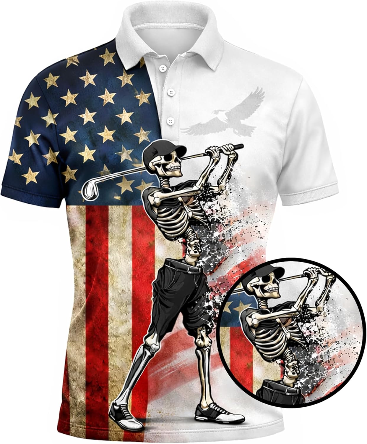 Patriotic Skeleton Golfer Polo Shirt USA Flag Golf Performance Polo Shirt American Golf Shirt