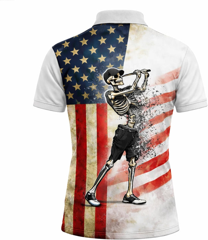 Patriotic Skeleton Golfer Polo Shirt USA Flag Golf Performance Polo Shirt American Golf Shirt