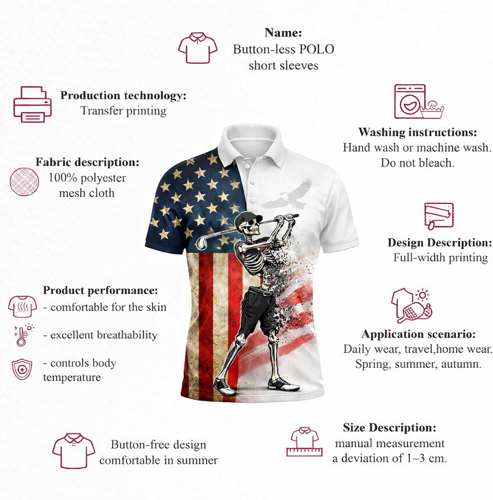 Patriotic Skeleton Golfer Polo Shirt USA Flag Golf Performance Polo Shirt American Golf Shirt