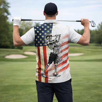 Patriotic Skeleton Golfer Polo Shirt USA Flag Golf Performance Polo Shirt American Golf Shirt
