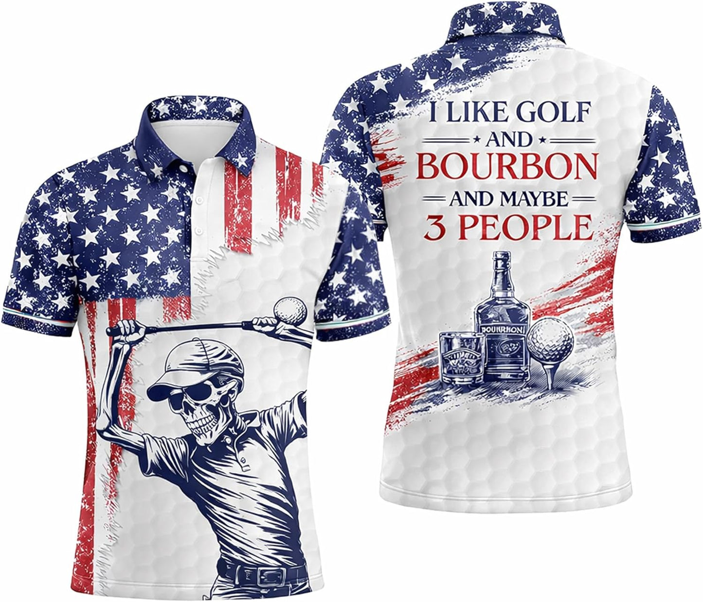 Patriotic Skull Golfer Polo Shirt Funny Golf and Bourbon Shirt American Flag Golf Polo