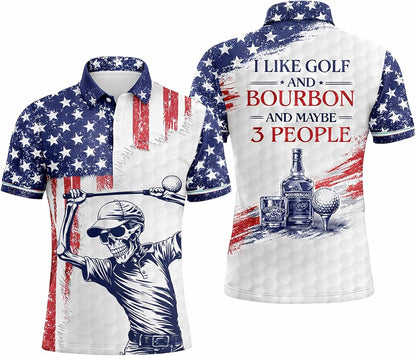 Patriotic Skull Golfer Polo Shirt Funny Golf and Bourbon Shirt American Flag Golf Polo