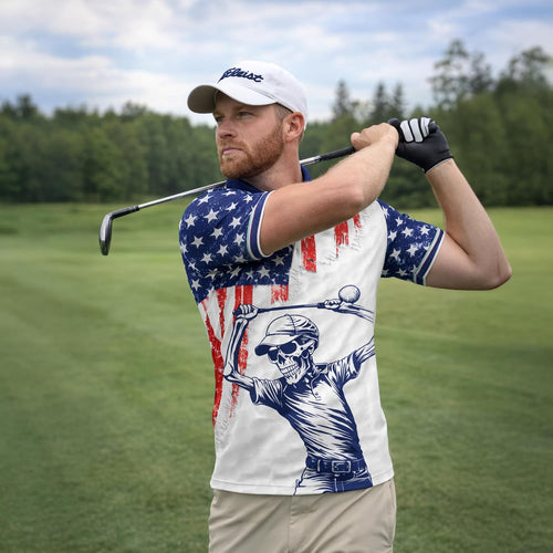 Patriotic Skull Golfer Polo Shirt Funny Golf and Bourbon Shirt American Flag Golf Polo
