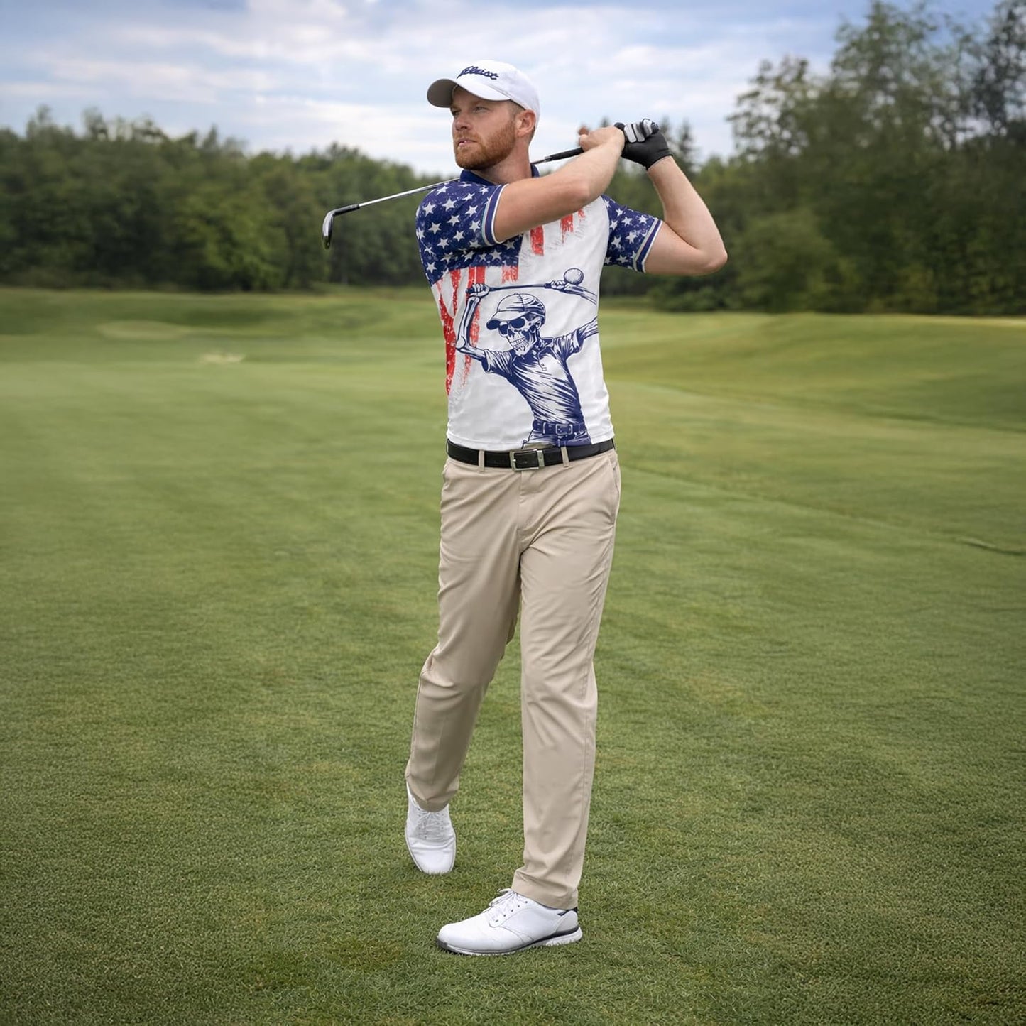 Patriotic Skull Golfer Polo Shirt Funny Golf and Bourbon Shirt American Flag Golf Polo