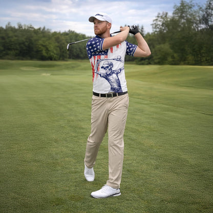 Patriotic Skull Golfer Polo Shirt Funny Golf and Bourbon Shirt American Flag Golf Polo