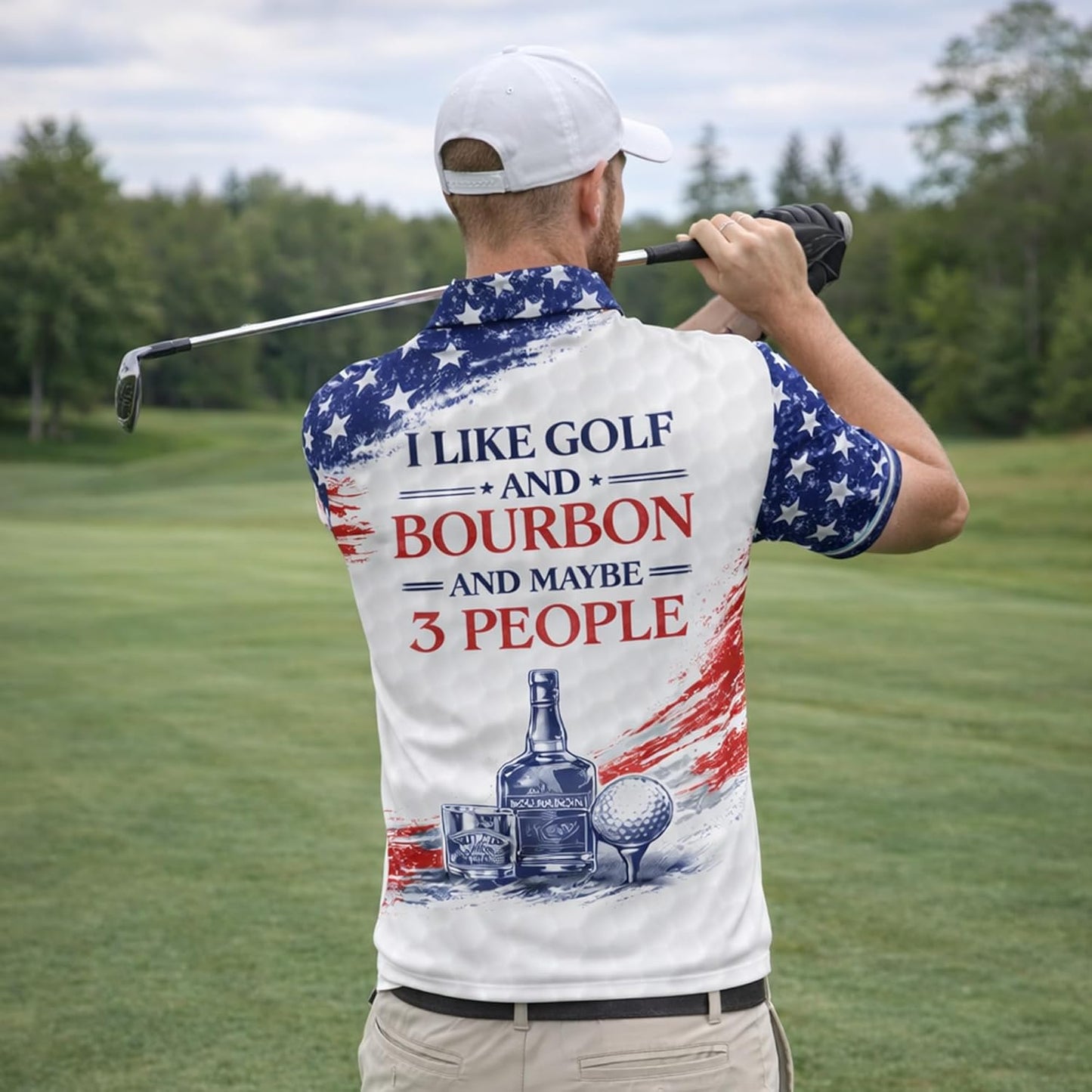 Patriotic Skull Golfer Polo Shirt Funny Golf and Bourbon Shirt American Flag Golf Polo