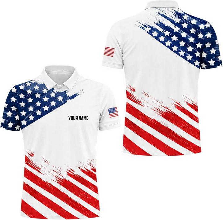 Patriotic USA Polo Shirt Custom Name American Flag Golf Shirt Men Performance Polo Independence Day Shirt