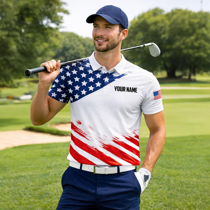 Patriotic USA Polo Shirt Custom Name American Flag Golf Shirt Men Performance Polo Independence Day Shirt