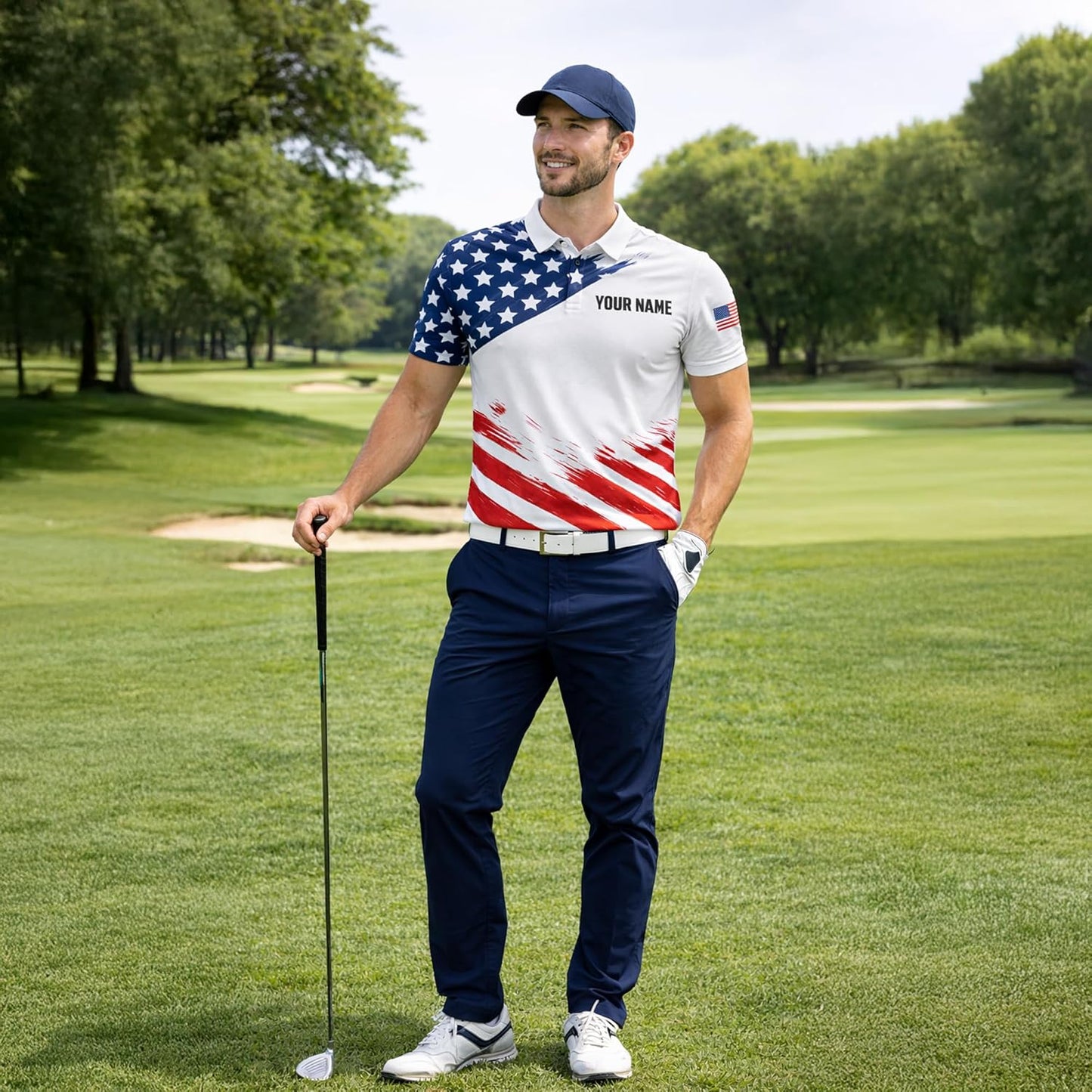 Patriotic USA Polo Shirt Custom Name American Flag Golf Shirt Men Performance Polo Independence Day Shirt