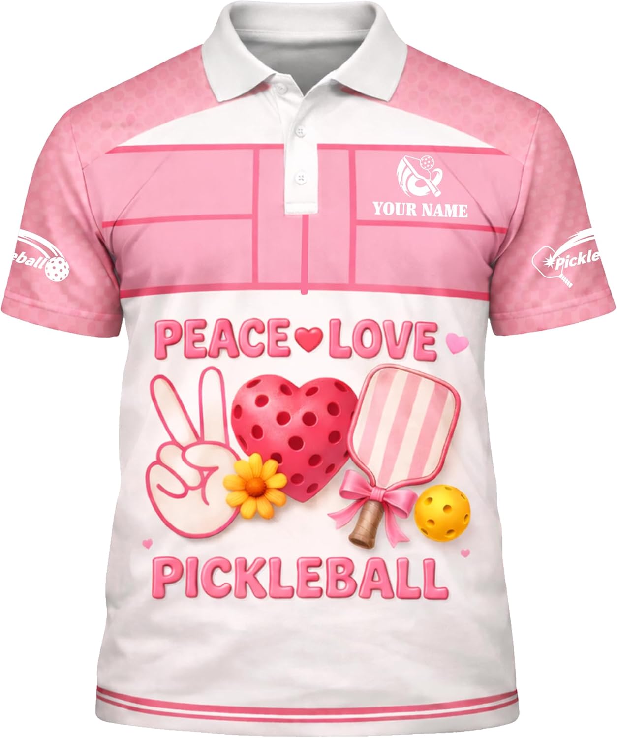 Peace Love Pickleball Pink Women Pickleball Polo Shirt Cute Heart Paddle Graphic Custom Name Performance Shirt