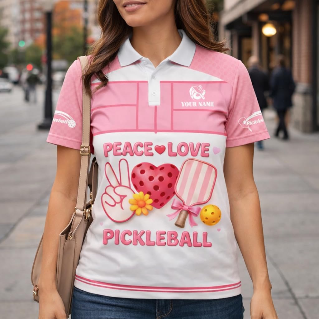 Peace Love Pickleball Pink Women Pickleball Polo Shirt Cute Heart Paddle Graphic Custom Name Performance Shirt