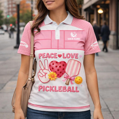 Peace Love Pickleball Pink Women Pickleball Polo Shirt Cute Heart Paddle Graphic Custom Name Performance Shirt