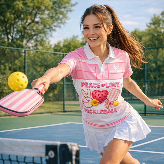 Peace Love Pickleball Pink Women Pickleball Polo Shirt Cute Heart Paddle Graphic Custom Name Performance Shirt