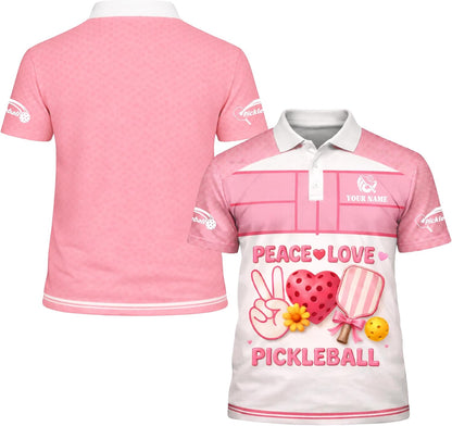 Peace Love Pickleball Pink Women Pickleball Polo Shirt Cute Heart Paddle Graphic Custom Name Performance Shirt