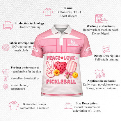 Peace Love Pickleball Pink Women Pickleball Polo Shirt Cute Heart Paddle Graphic Custom Name Performance Shirt