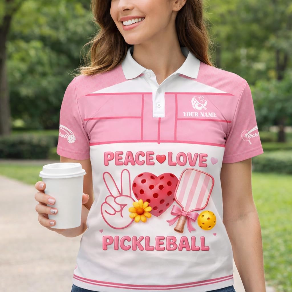 Peace Love Pickleball Pink Women Pickleball Polo Shirt Cute Heart Paddle Graphic Custom Name Performance Shirt