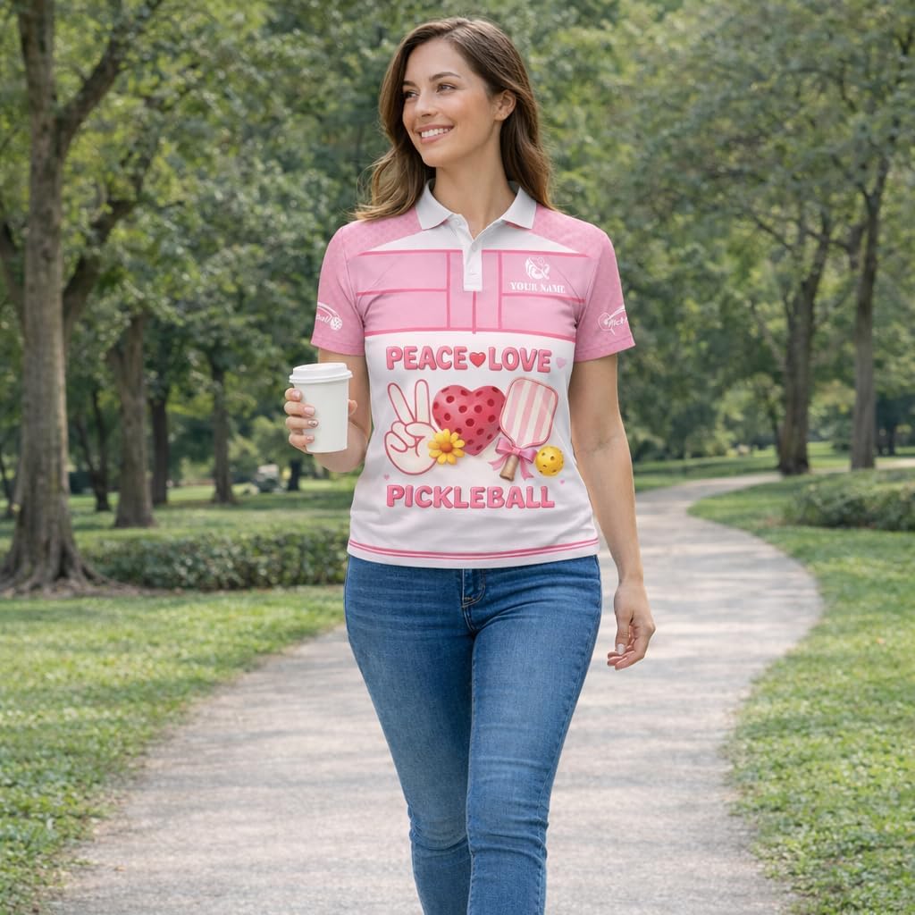 Peace Love Pickleball Pink Women Pickleball Polo Shirt Cute Heart Paddle Graphic Custom Name Performance Shirt