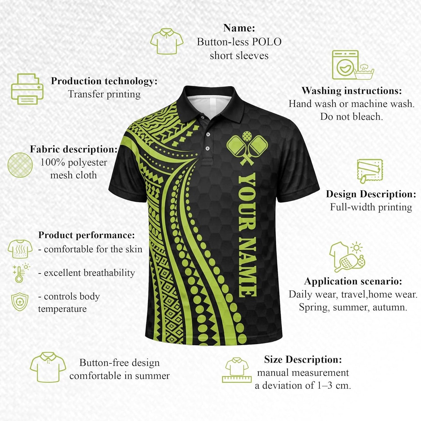 Personalized Pickleball Polo Shirt Custom Name Team Shirt Black Green Performance Polo