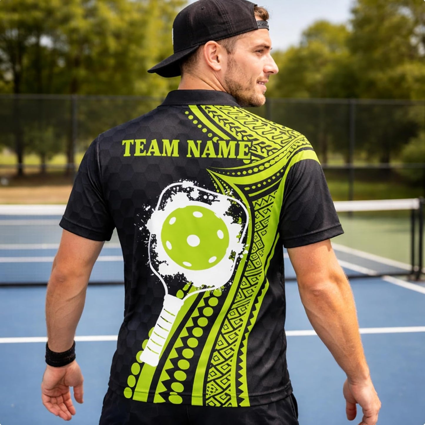 Personalized Pickleball Polo Shirt Custom Name Team Shirt Black Green Performance Polo