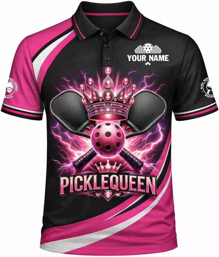 Pickle Queen Custom Name Women Pickleball Polo Shirt Pink Black