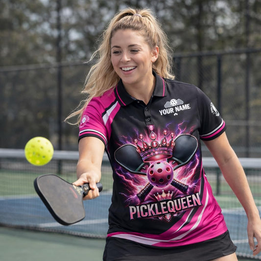 Pickle Queen Custom Name Women Pickleball Polo Shirt Pink Black