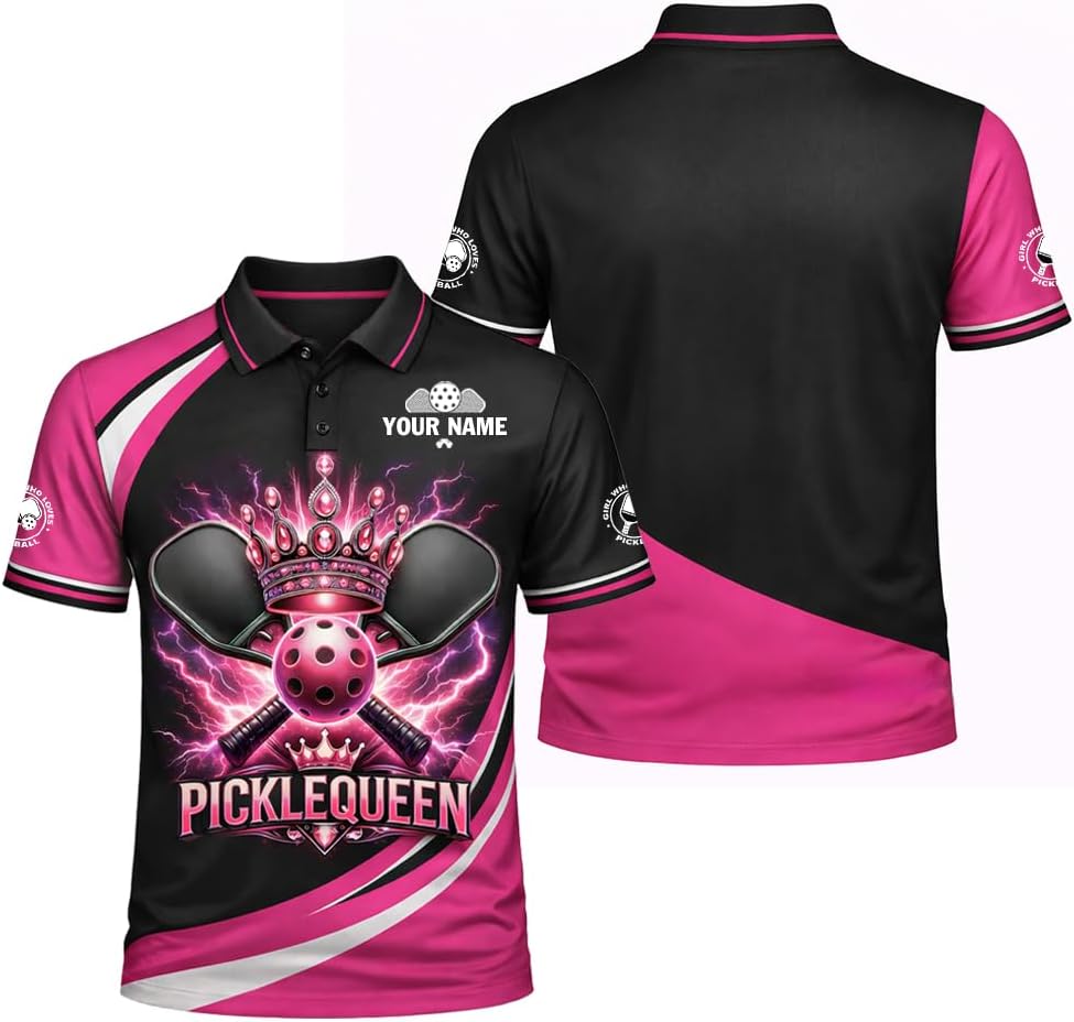 Pickle Queen Custom Name Women Pickleball Polo Shirt Pink Black