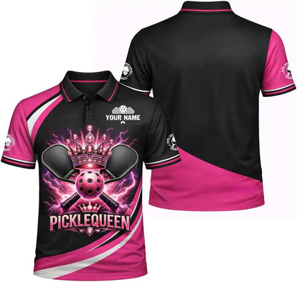 Pickle Queen Custom Name Women Pickleball Polo Shirt Pink Black