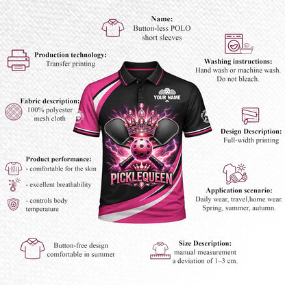 Pickle Queen Custom Name Women Pickleball Polo Shirt Pink Black