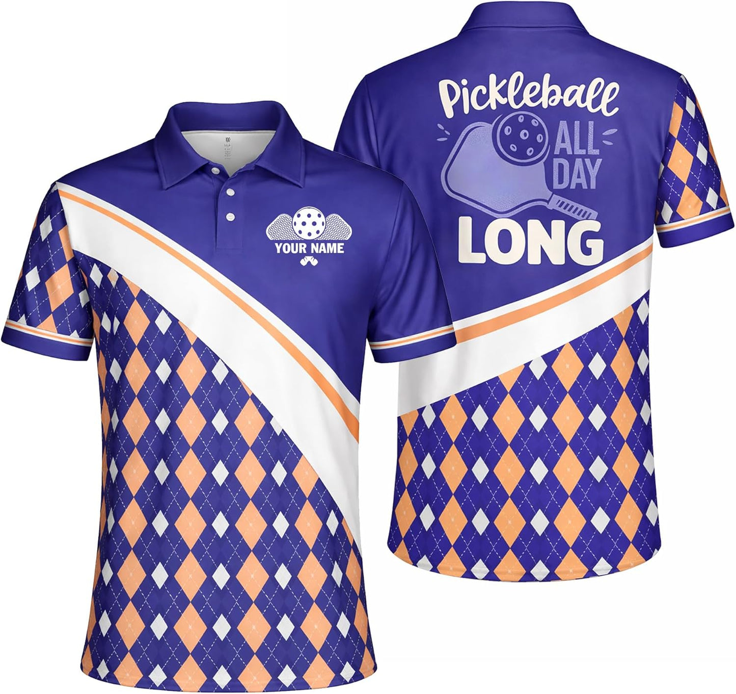 Pickleball All Day Long Custom Name Pickleball Polo Shirt Argyle Performance Pickleball Shirt Black