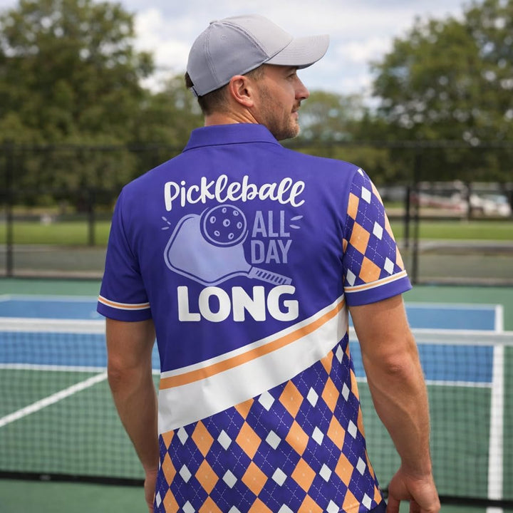 Pickleball All Day Long Custom Name Pickleball Polo Shirt Argyle Performance Pickleball Shirt Black