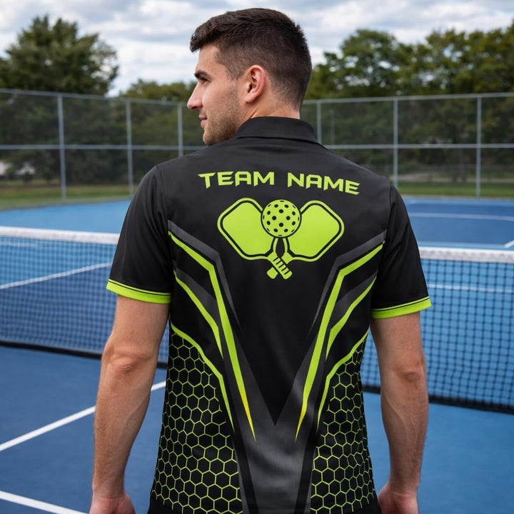 Pickleball Custom Name Polo Shirt Black Neon Green Performance Pickleball Shirt for Men Women