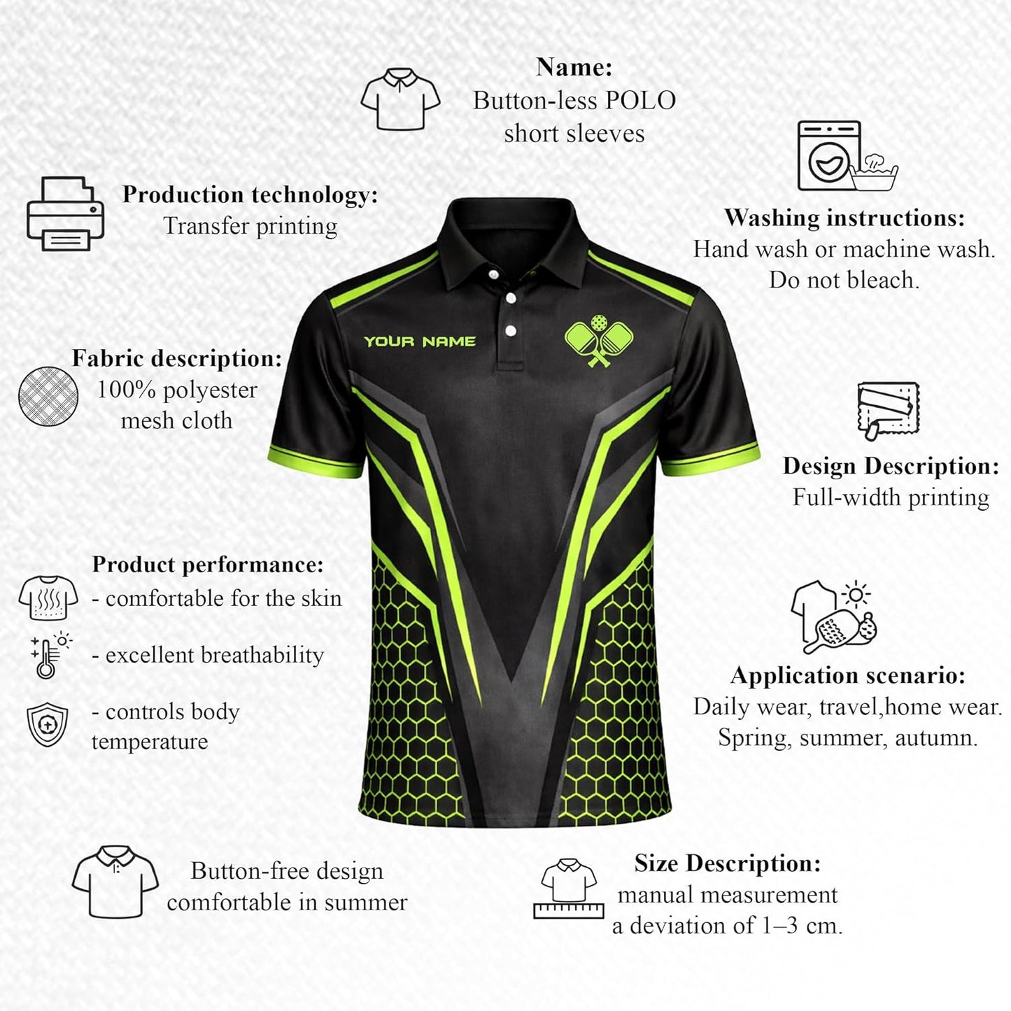 Pickleball Custom Name Polo Shirt Black Neon Green Performance Pickleball Shirt for Men Women
