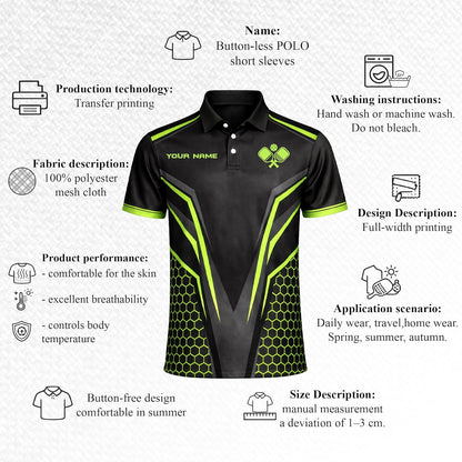 Pickleball Custom Name Polo Shirt Black Neon Green Performance Pickleball Shirt for Men Women