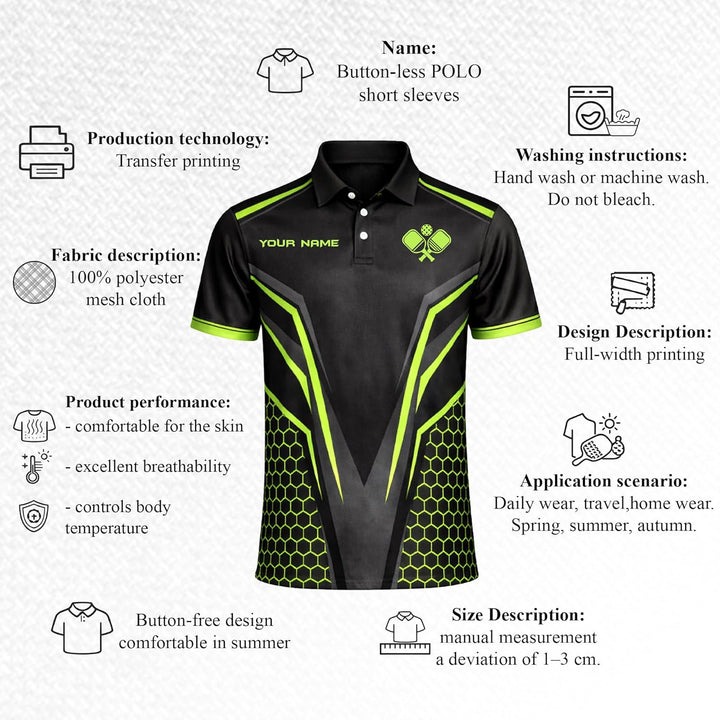 Pickleball Custom Name Polo Shirt Black Neon Green Performance Pickleball Shirt for Men Women