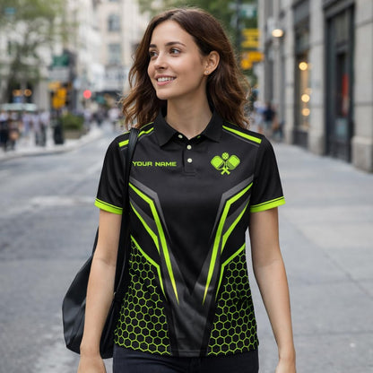 Pickleball Custom Name Polo Shirt Black Neon Green Performance Pickleball Shirt for Men Women